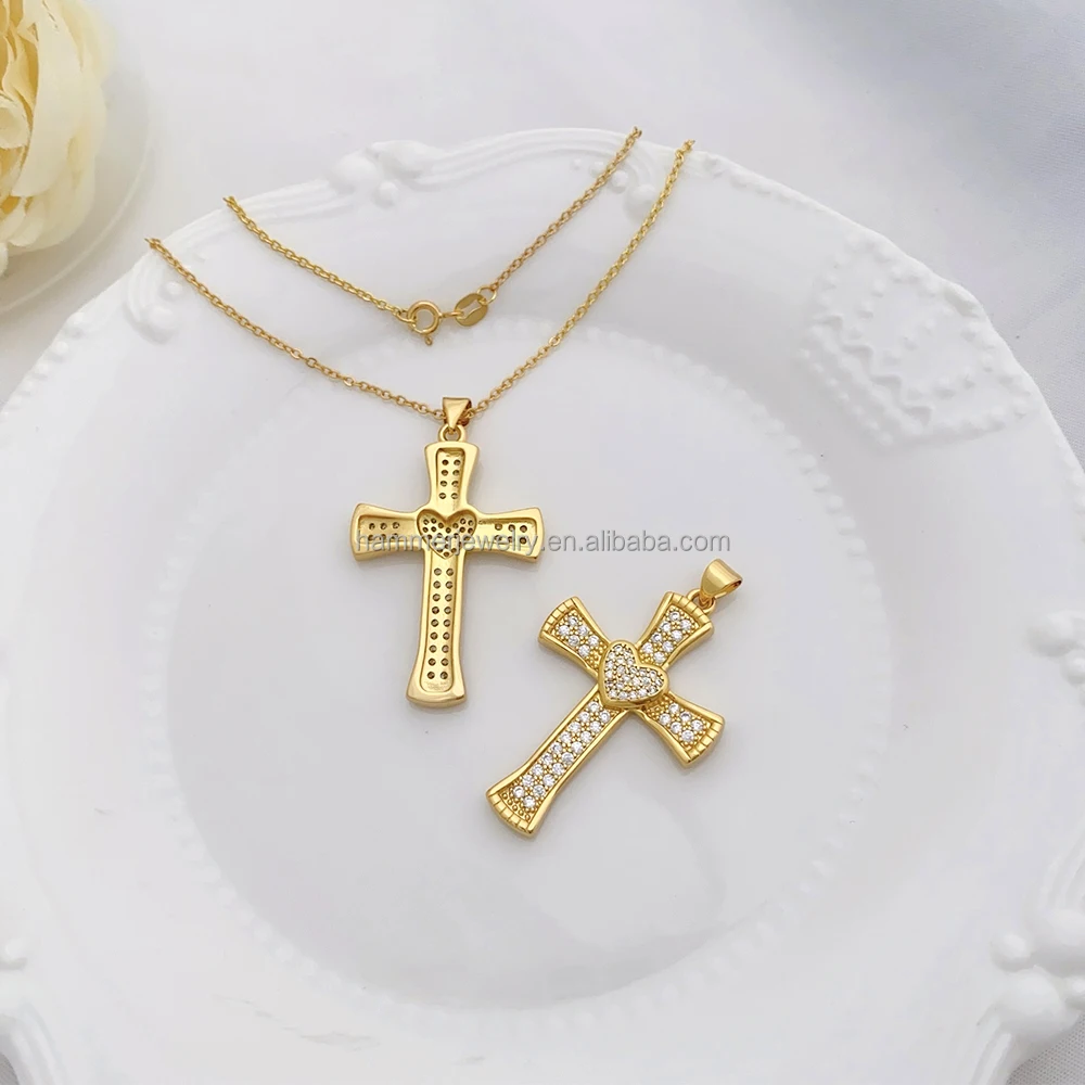 Wholesale Brass with 18k colour Plated Center Heart-Shaped Zirconium Cross Chain Necklace
