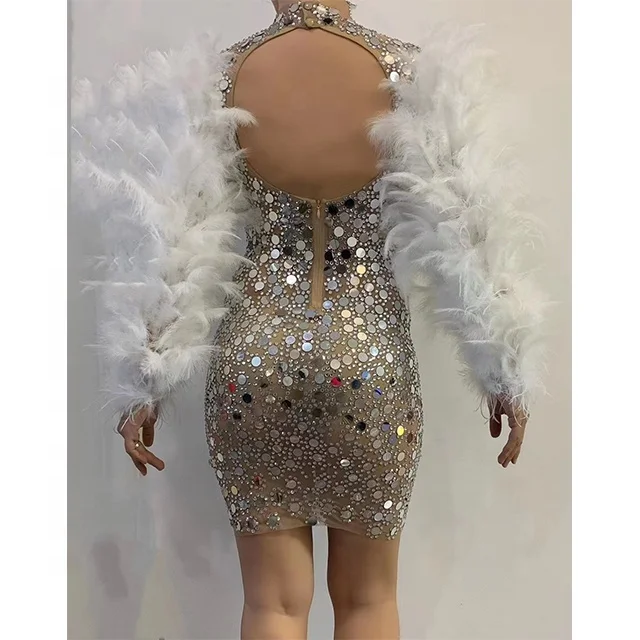 Sparkly Women Birthday Celebrate Wedding Bar DS Latin Dance Dress Silver Sequins Feather Dresses
