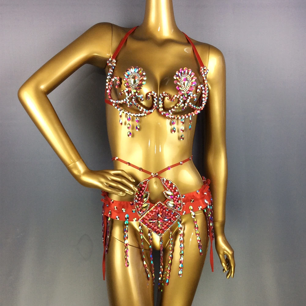 Sexy Belly Dance Costume Samba Carnival Wire Bra & Belt 2pcs/Set Rainbow Stones Crystal Wears Rave Outfit