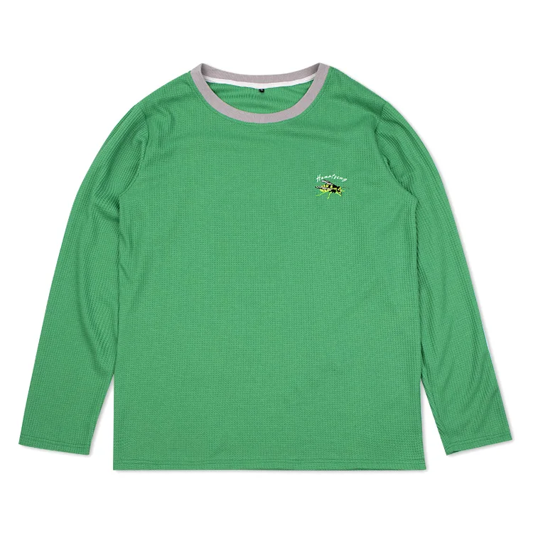 green men embroidery logo thermal woven waffle knit fabric custom long sleeve t shirt