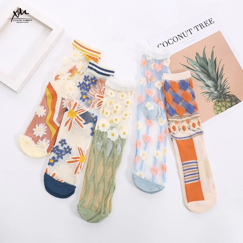 Wholesale Summer Aesthetic Flower Ultra Thin Socks Fashion Transparent Sheer Socks For Women