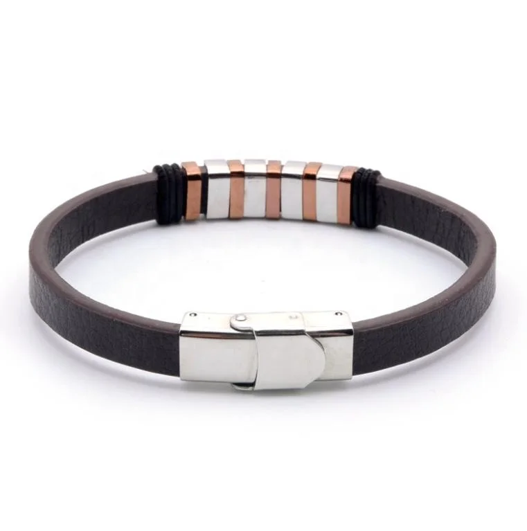 Stainless Steel Two Color Square Beads Black Leather Fret Men Bracelet 2020