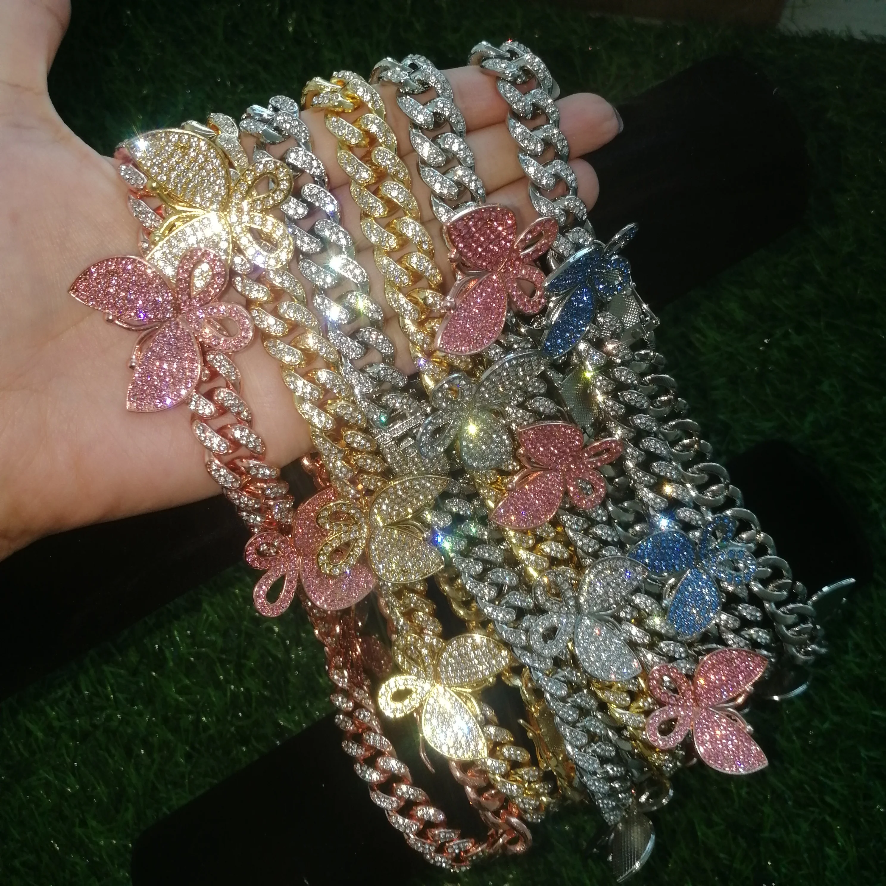 ICED OUT BLING hiphop women girl jewelry cuban link chain blue butterfly necklace