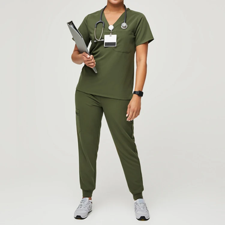 Wholesale High Waisted Custom Olive Green Nursing Hospital Medical Uniform Nurse Scrubs Suits Top Jogger Pants Uniforms Sets