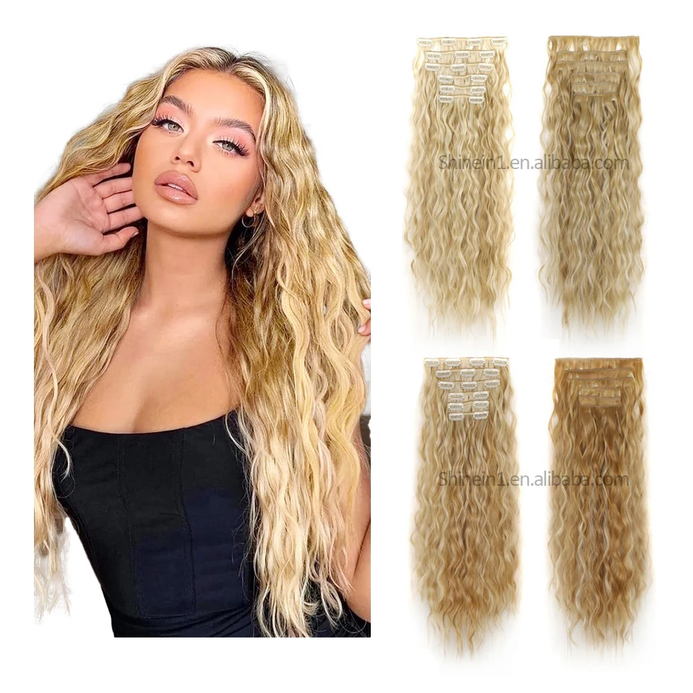 Shinein Fluffy Corn Wave Deep Curly Clip on Hair Extensions Double Weft Seamless Invisible Blonde Clip in Hair Extensions