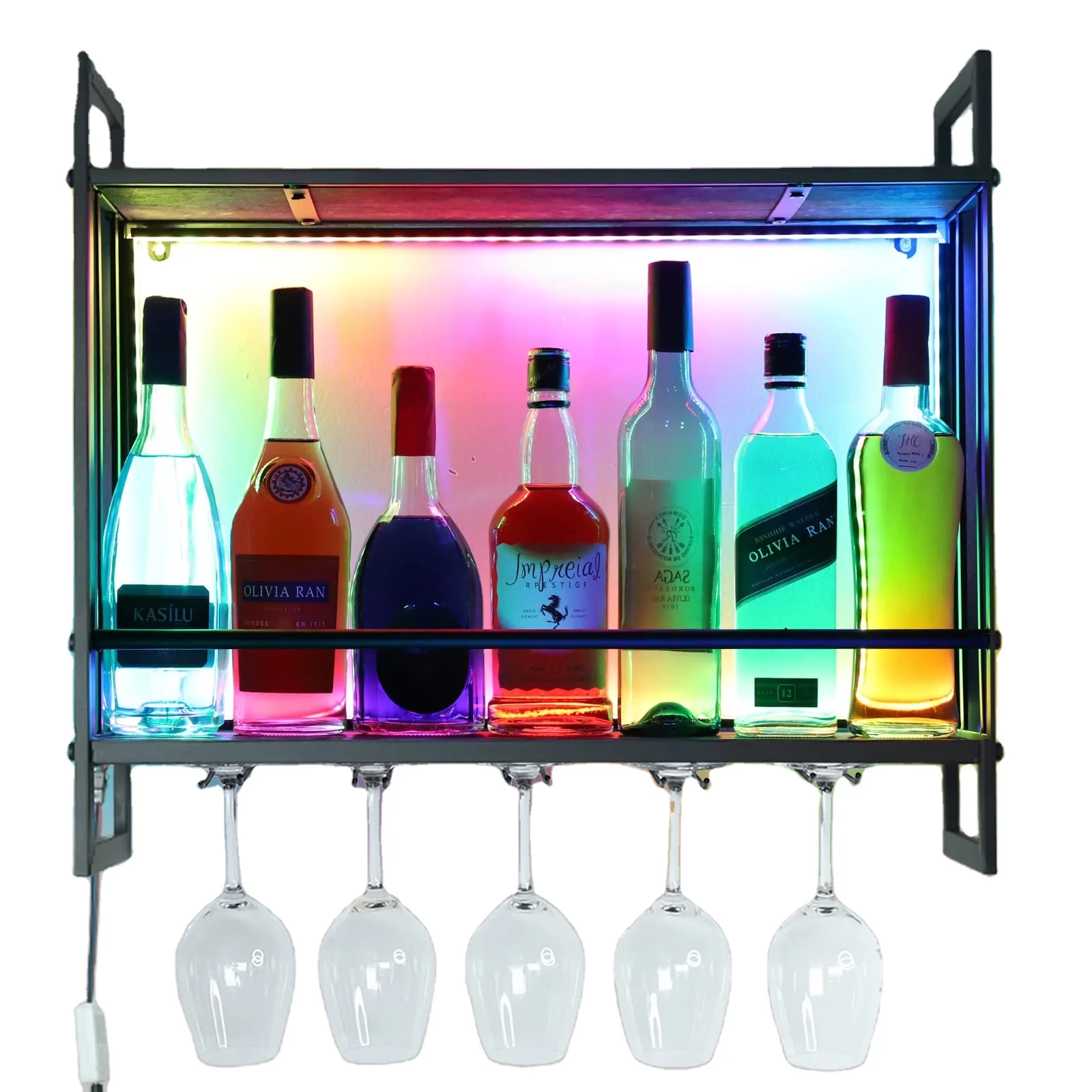 2-Ярусные барные полки RGB IC светодиодные стеллажи для вина настенные с пультом дистанционного управления и 5 держателями бокала
