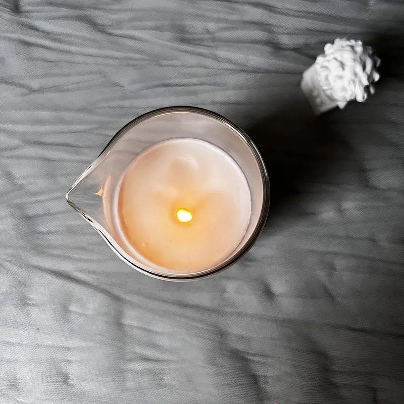 Empty  clear cork or bamboo lid borosilicate glass container jar with spout for handmade body massage Soy Wax candle making