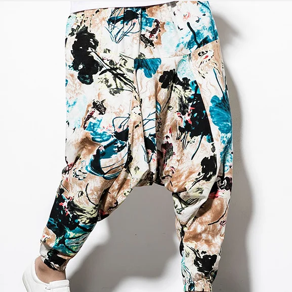 Pants Men Casual  hip hop Streetwear Cotton Linen Printing Patchwork Long Cargo Pants