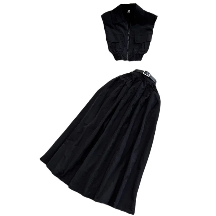 Fashion Set Female Korean Version POLO Collar Sleeveless Waist Drawstring Tie Shirt Two-Piece Set High Waist A-Line Skirt