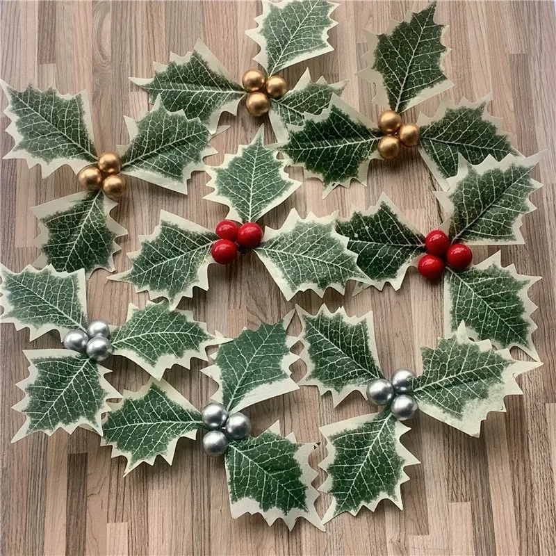 Professional Home Decoration DIY Artificial Small Red Christmas Fruit with Green Leaves for New Year Floral Displays