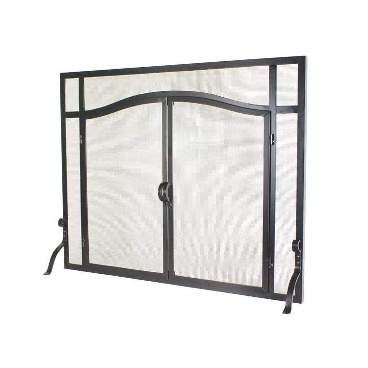 99cmWx79cmH fireplace screen fence spark guard Metal wrought iron frame mesh hearth accessory Forged Iron w/Door, Bronze