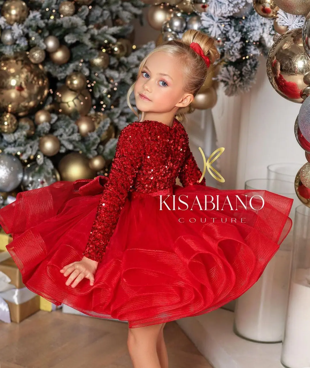 Long Sleeves Sequin Tulle Wedding Flower Girl Dress Kids Party Dress TUTU Dress with Horsehair