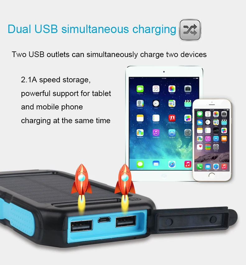 Водонепроницаемый внешний аккумулятор на солнечной батарее с двумя USB-портами и логотипом
