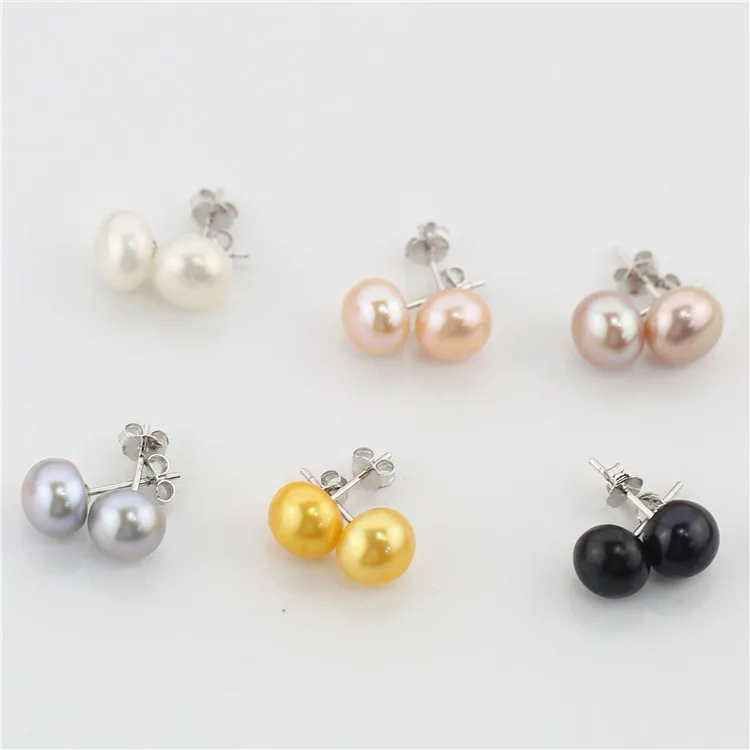 925 sterling silver white wholesale fresh water freshwater natural pearl earrings flat button shape real ear stud pearl earrings