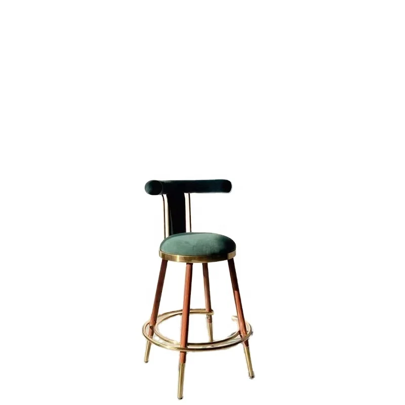 Luxury Modern Vintage Design Velvet wood Furniture Armrest Gold Metal Leg High Bar Stool Chair for Bar Home Coffee Shop