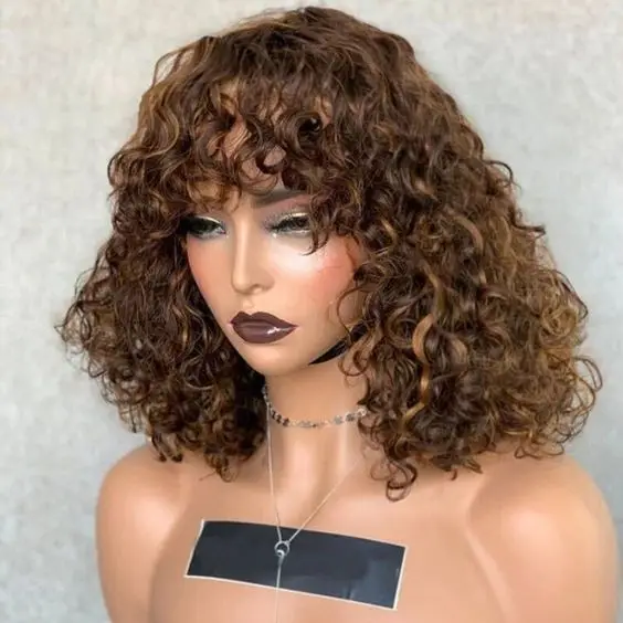 Glueless Brazilian Short Bob Wig With Bangs, Bang Luxury Curly Wig, Cheap Curly Human Hair Bang Wig Non Lace Human Hair Wigs