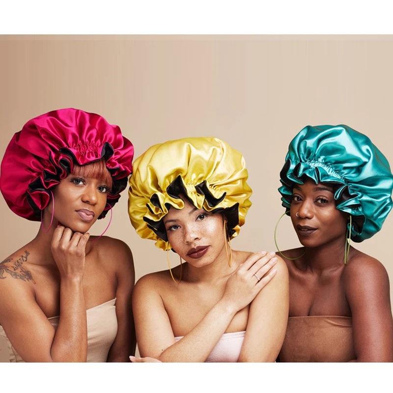 HaoKey Large Satin Bonnet Reversible Night Sleep Hat Double Sided Layer Shower Cap Solid Color Women Satin Hair Bonnet