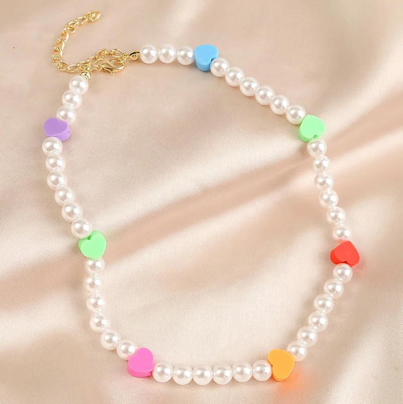 Ins Trendy Boho Colorful Flower Polymer Clay Pearl Beads Smiley Face Necklace