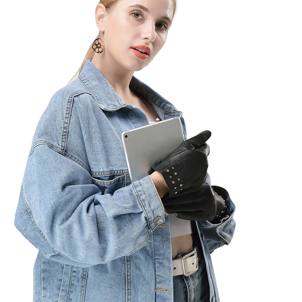 Rhinestone Detail Women Soft Leather Hand Touch Screen Gloves