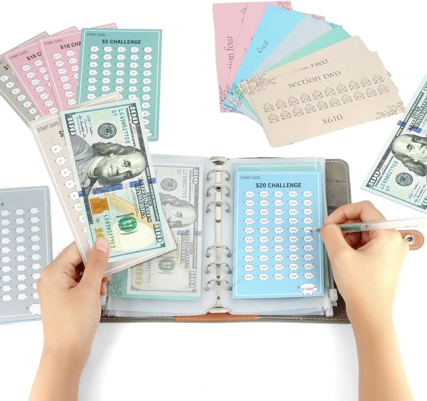 Budget Binder Savings Challenge Trackers, 100 Envelopes Money Saving Challenge Cards, to Save $5050, 500, 1000, 10000, etc