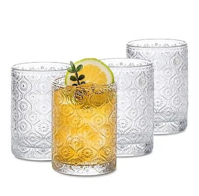 Vintage Bohemian wine glass set, luxurious flower relief decoration, transparent glassware