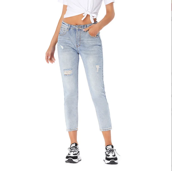 Wholesales loose jeans women spring and autumn fashion design cotton denim ripped washed trousers