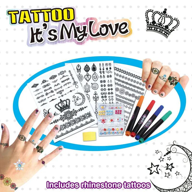 Coloring Tattoo Kit Face Painting with 4 Tattoo Pens Gem Sticker DIY Art And Craft Tattoo Marker For Kids