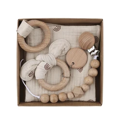 Natural Crochet Deer Teether Baby Toy Rattle Forest Friends Baby Girl Gift Box with Pink Bonnet Booties