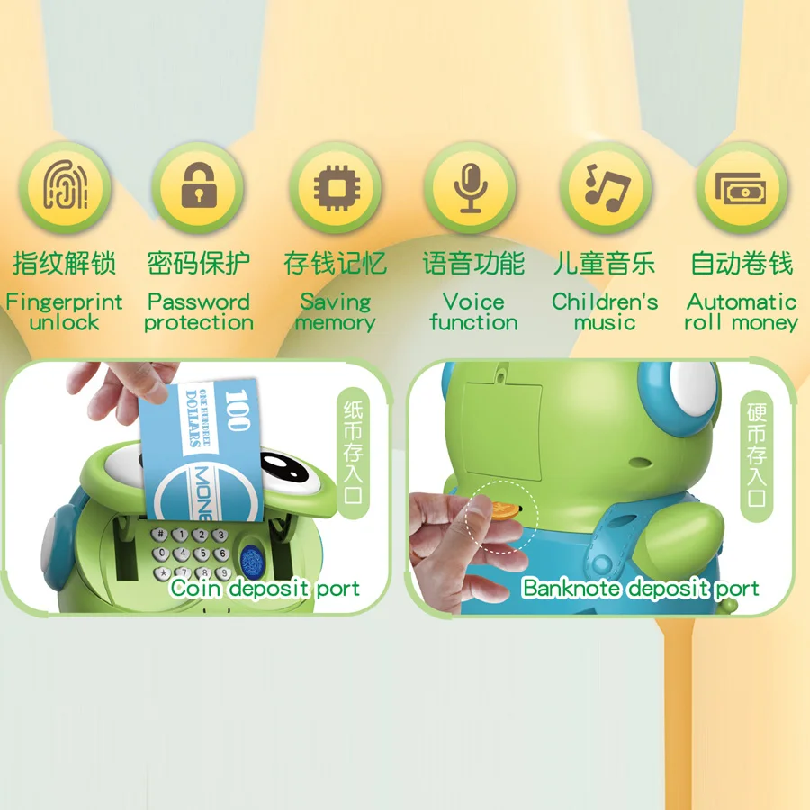 Battery Power Cute Frog Backpack Money Musical Frog Fingerprint Touch Digital Custom Password Atm Savings Piggy Bank For Kids
