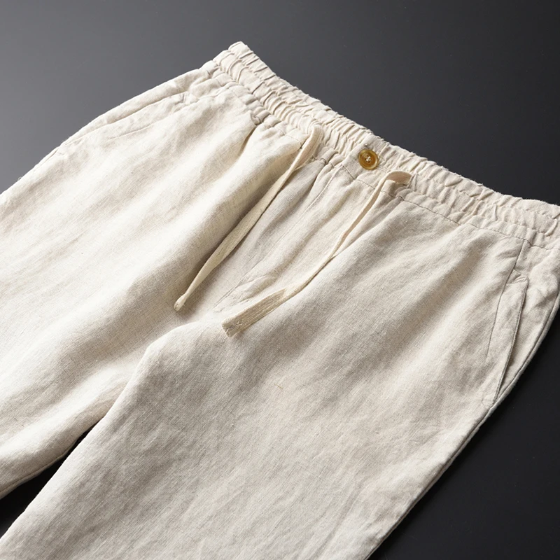 Customized Mens Casual Linen Pants Slim Solid Color Lightweight Elasticated Waist Linen Trousers