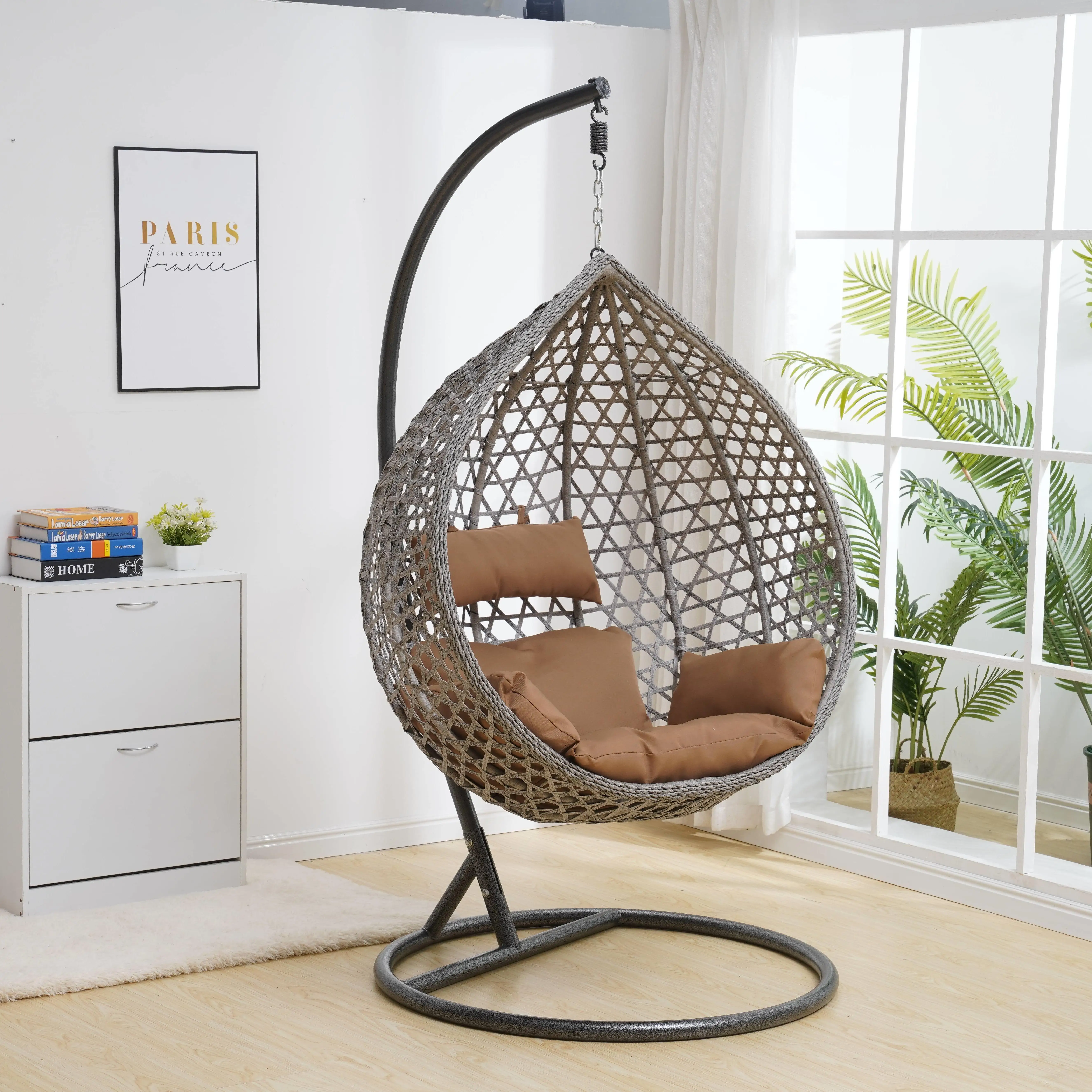 2022 Newest Outdoor Furniture Wicker Rattan Garden Patio Egg Swing Hanging Chair With Metal Stand