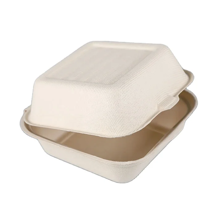 Bio-degradable Disposable Dinnerware Tableware Sugarcane Bagasse Lunch Box With Lid Food Container Burger Box