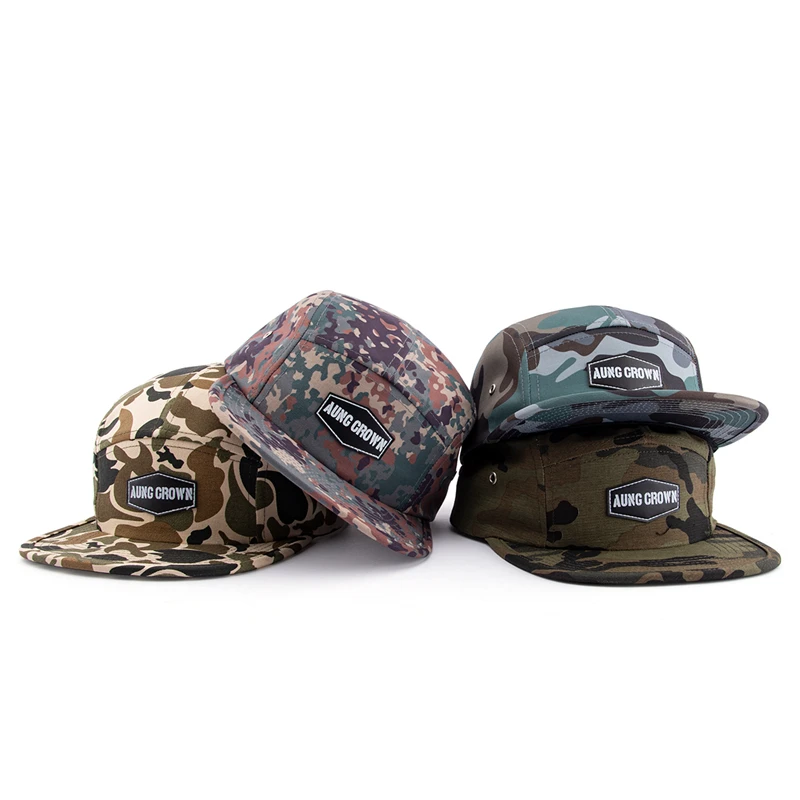 New Fashion flat brim 5 panel cap adjustable strap custom embroidered logo sport gorras camouflage snapback cap camo hat