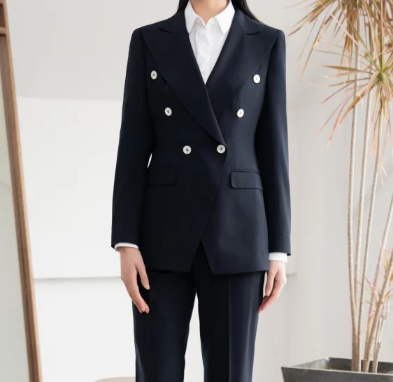 Business Wear Ladies Coat and Pants Set Classic Peak-Lapel Double Breasted Buttons Navy Formal Suit for Women