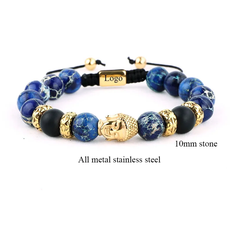 New Design Stainless Steel Buddha Charm Sediment Jasper Stone Beads Men Macrame Adjustable Bracelet Men