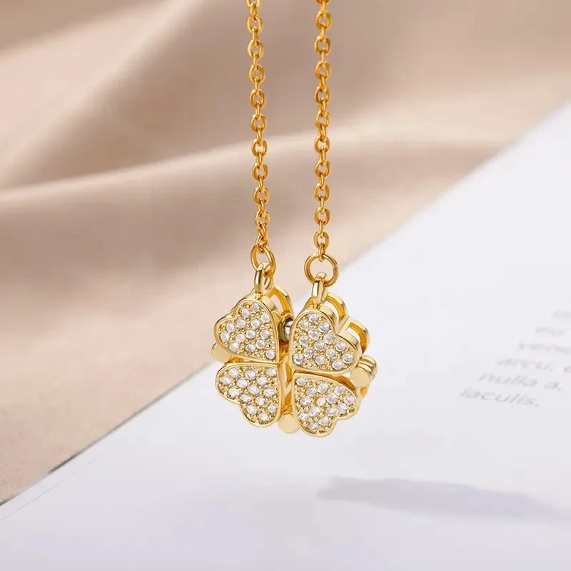 Hot Sale Four Leaf Clover Pendant Necklace Fashion Jewelry Gold Plated Stainless Steel Diamond Four Love Heart Necklace Women