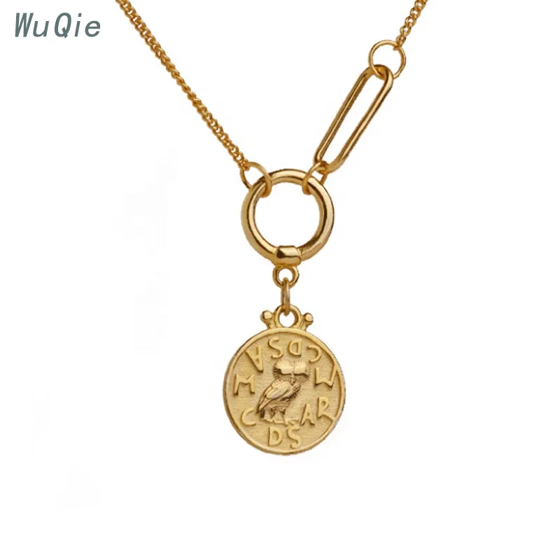 Wuqie Fine Jewelry 925 Sterling Silver Coin Necklaces Gold Round Owl Pendants Necklace for Women