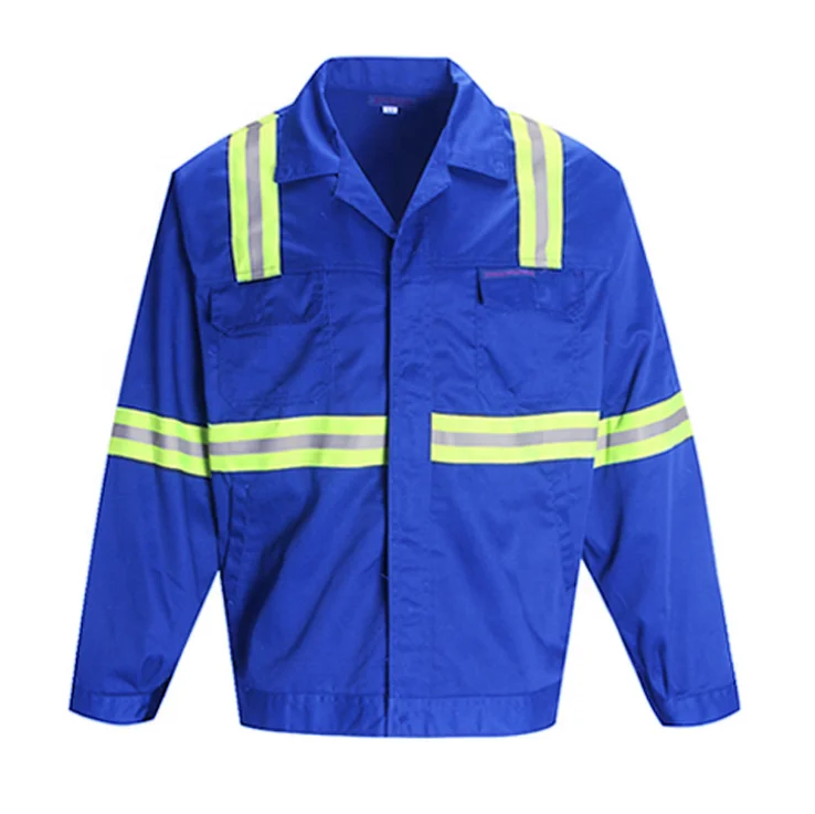 Factory direct wholesale Blue color Flame Resistant Fabric Hi Vis Workers Uniform Safety suit with reflective stripes