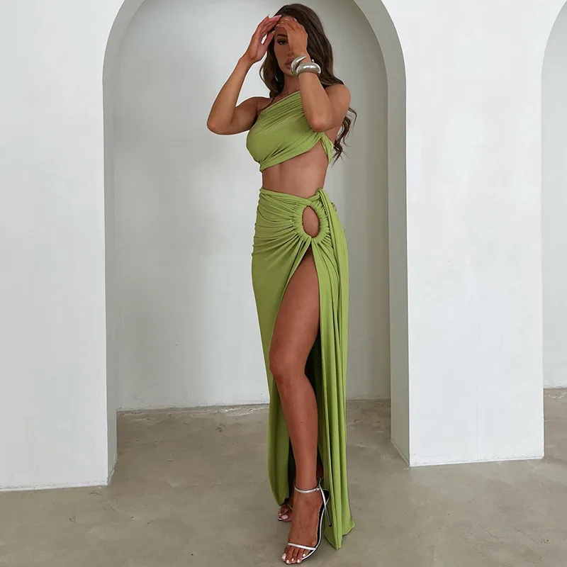 High Quality Sexy off shoulder Halter Bra Top long split skirts Two Piece Set