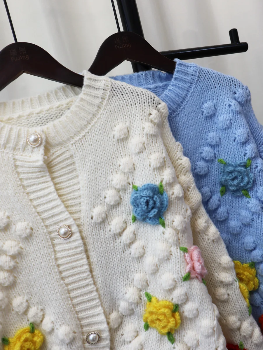 Autumn Winter New Handmade Hooked Flower Knitted Cardigan Sweater Coat Women Design 3d Ball Flower Embroidery Cardigan