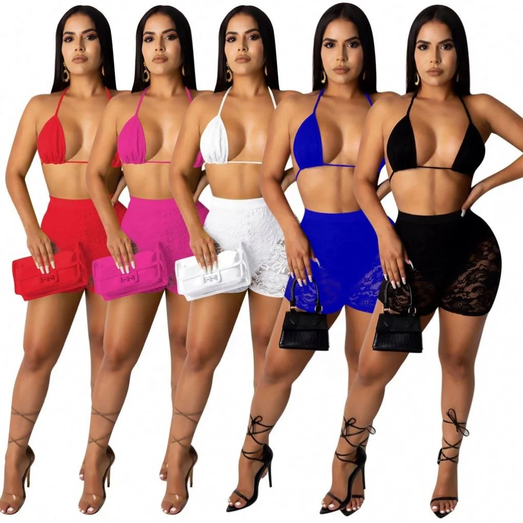 
2021 Sexy Women Crop Top Bathing Suit Two Piece Lace Shorts Swimsuits Micro Bikini Plus Size Swimwear 