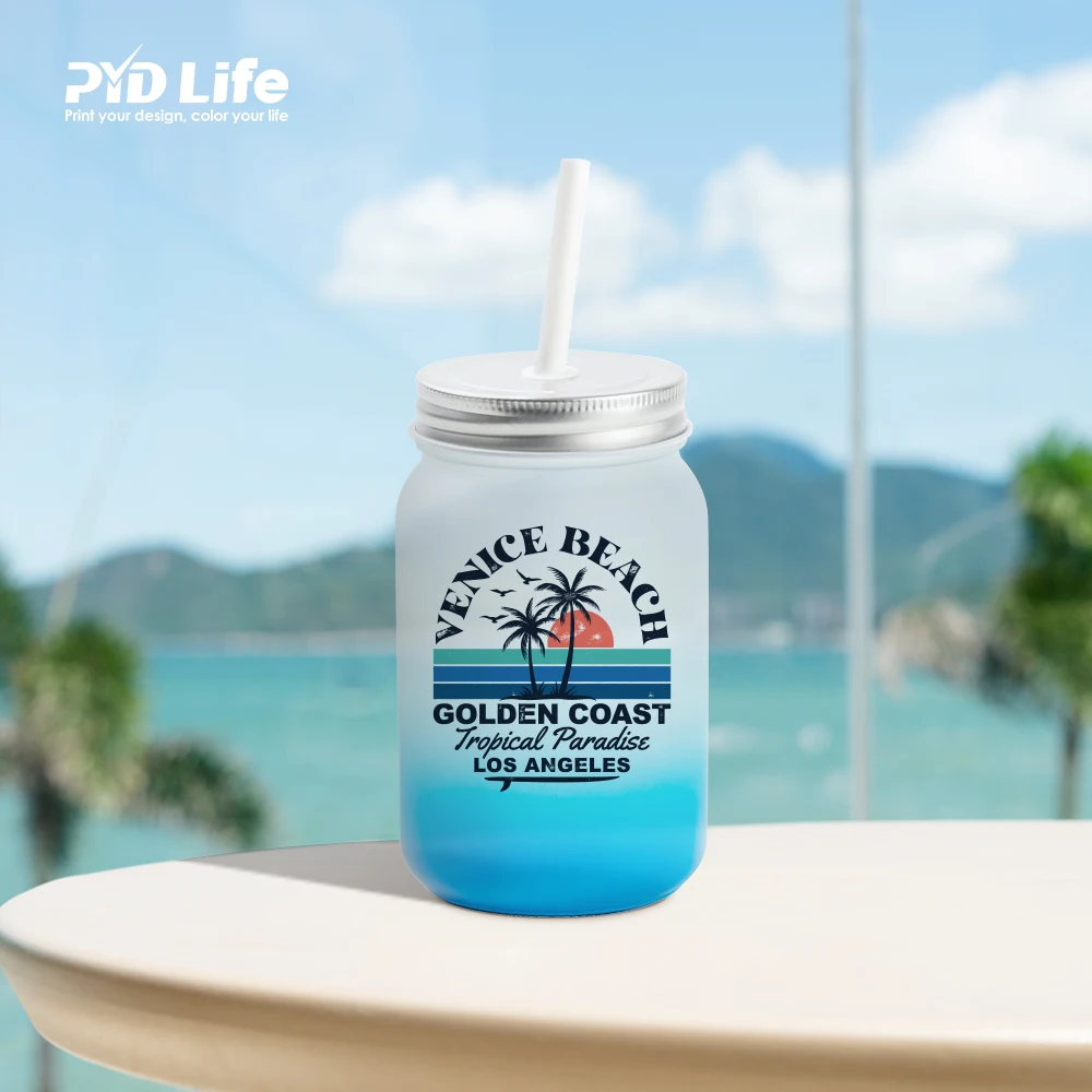 2022 PYD Life Summer 15oz 450 ml Custom Mixed Gradient Colors Sublimation Mason Glass Jar with Lid Straw