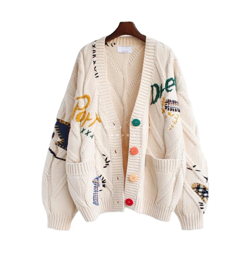 Custom Womens Clothing-V Neck Long Sleeve Colorful Button Embroidery Pattern Design Knitted Sweater Cardigan