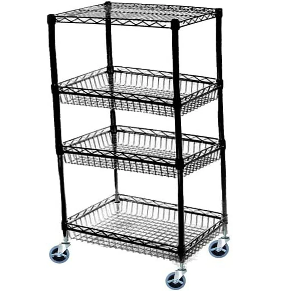 4-Tier Utility Black Metal Storage Basket Cart with Handle 170LBS Load Capacity Stainless Steel for Hotels