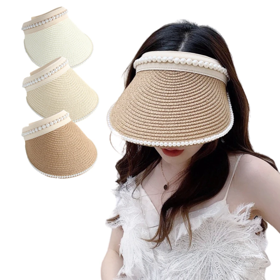 FF1465 Summer Women Straw Beach Hat Wide Brim Sun Visor Hat Ponytail Pearl Straw Visor Hat for Women