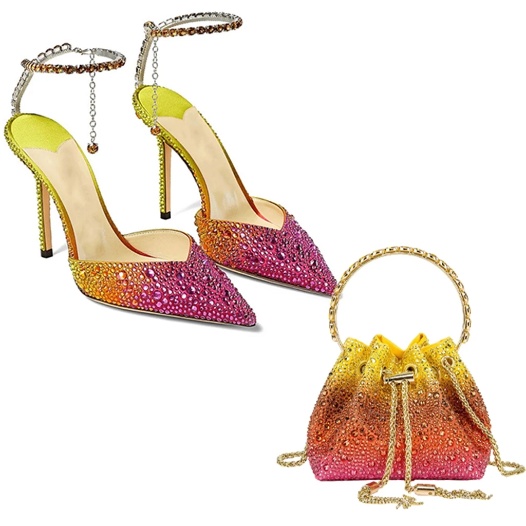 ZHEZHE Luxury quality women heels rhinestone styles gradient design fashion sexy pointed toe shoes high heels With Bags Set