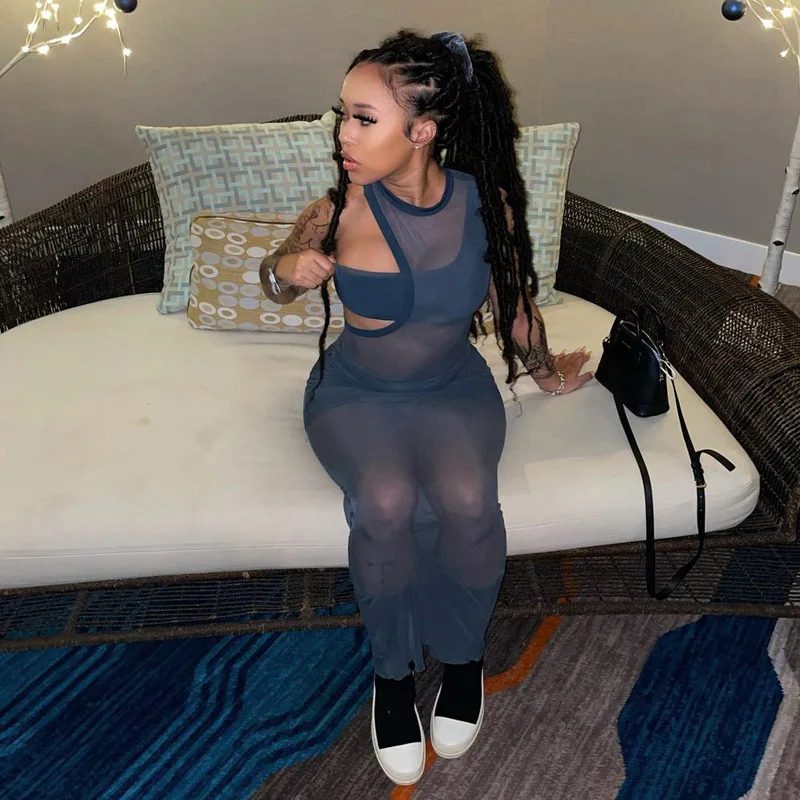 women see through sexy long dress black mesh bodycon party dresses female 3 piece set summer sleeve cut out vestidos