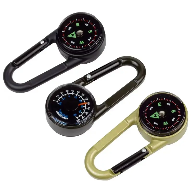 Zinc Alloy 3-in-1 Multifunctional Carabiner Compass Hiking Comping Portable Clip Compass With Thermometer