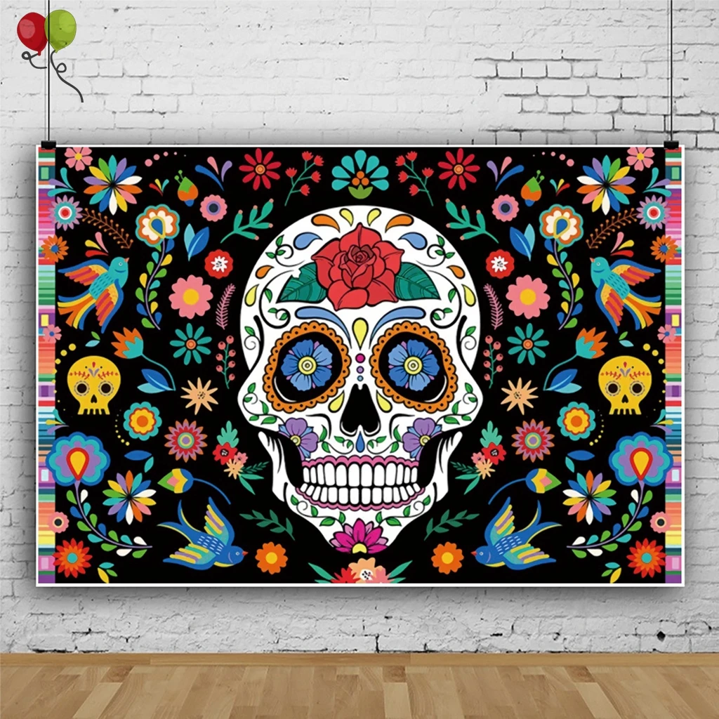Day of The Dead Backdrop Mexican Fiesta Sugar Flowers Photography Background Fiesta Banner Decoration Photo Booth Studio KD930