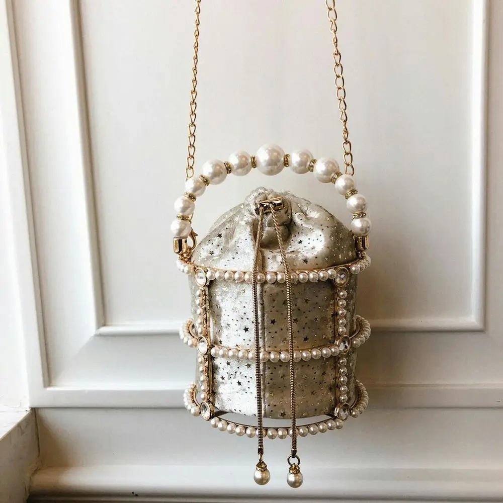 
Korean hand-made pearl gold cage bag lady cross-body handbag 